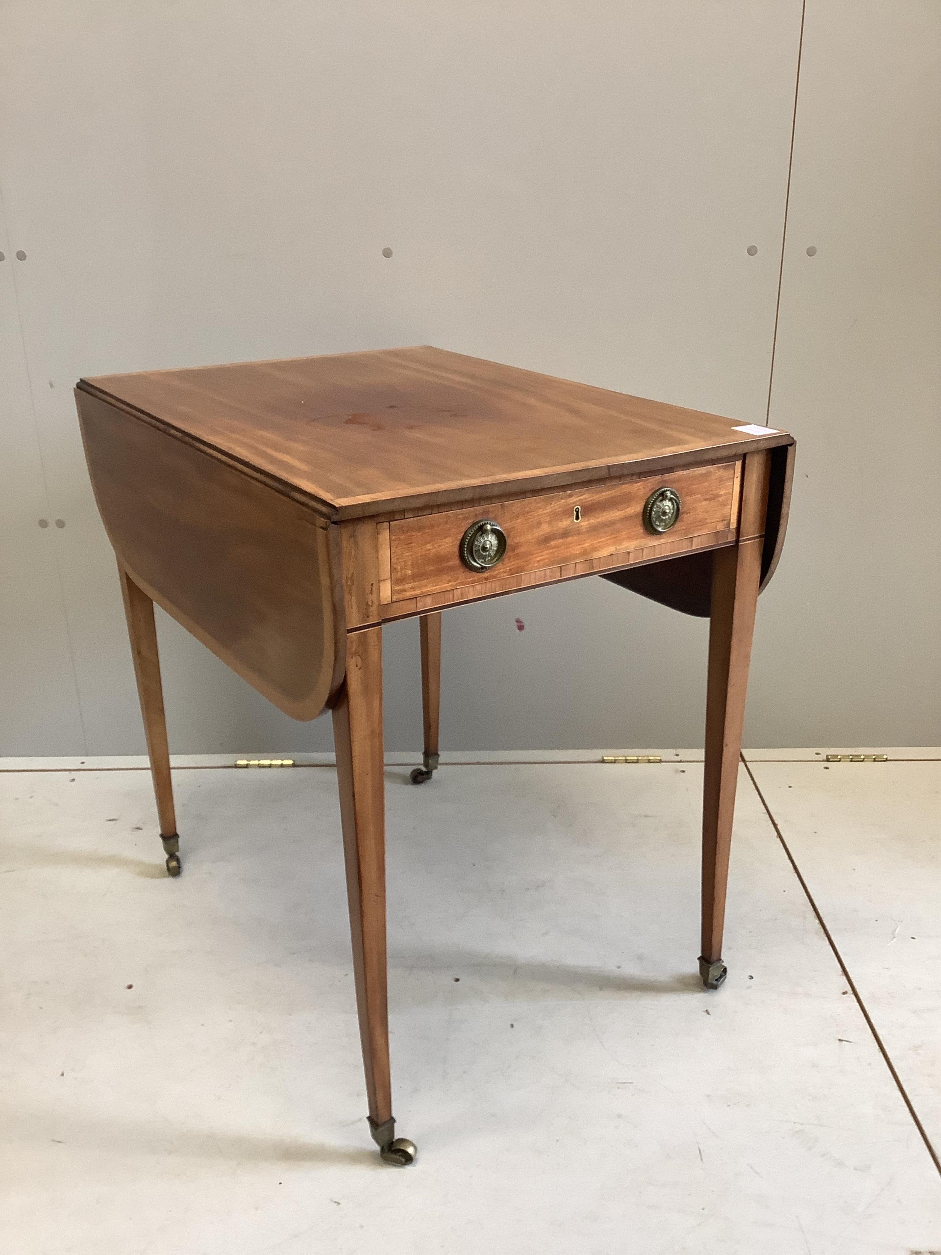 A George III satinwood banded mahogany Pembroke table, width 75cm, depth 55cm, height 76cm. Condition - good